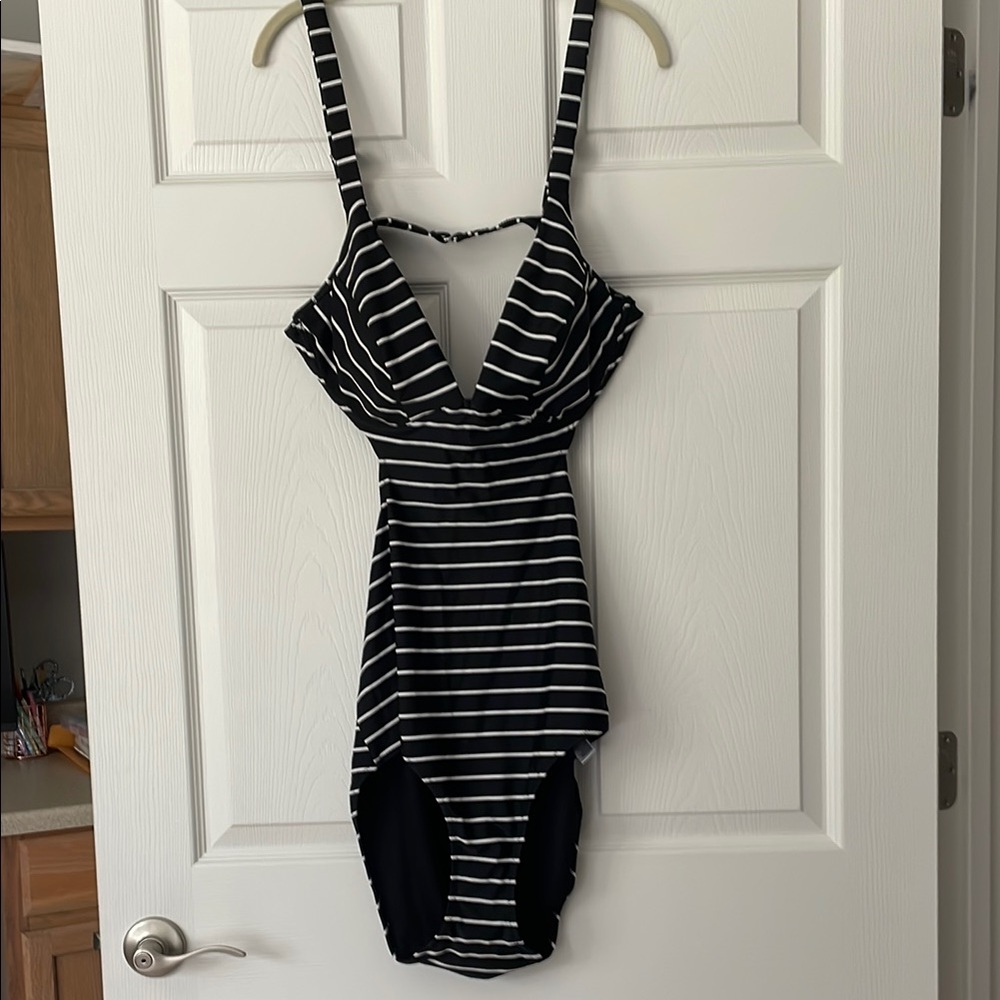 Old Navy Black & White Striped One Piece Swimsuits